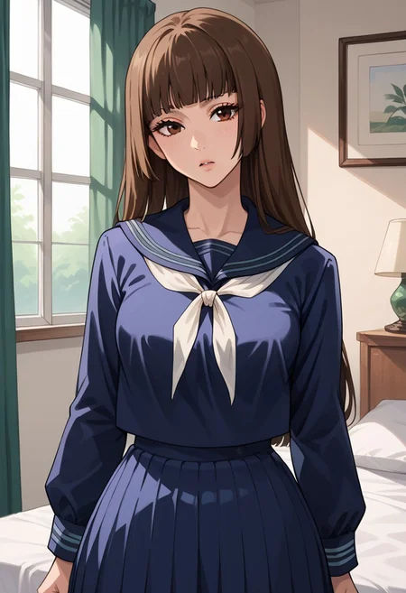 anime artwork, score_9, score_8_up, score_7_up, score_6_up, score_5_up, solo, 20 year old, perfect beautiful face, long eyelashes, (bedroom), medium breasts, wide hips, hips,,1 girl, brown hair, long hair, blunt bangs, long hair, brown eyes school uniform, blue serafuku, sailor collar, looking at the viewer,