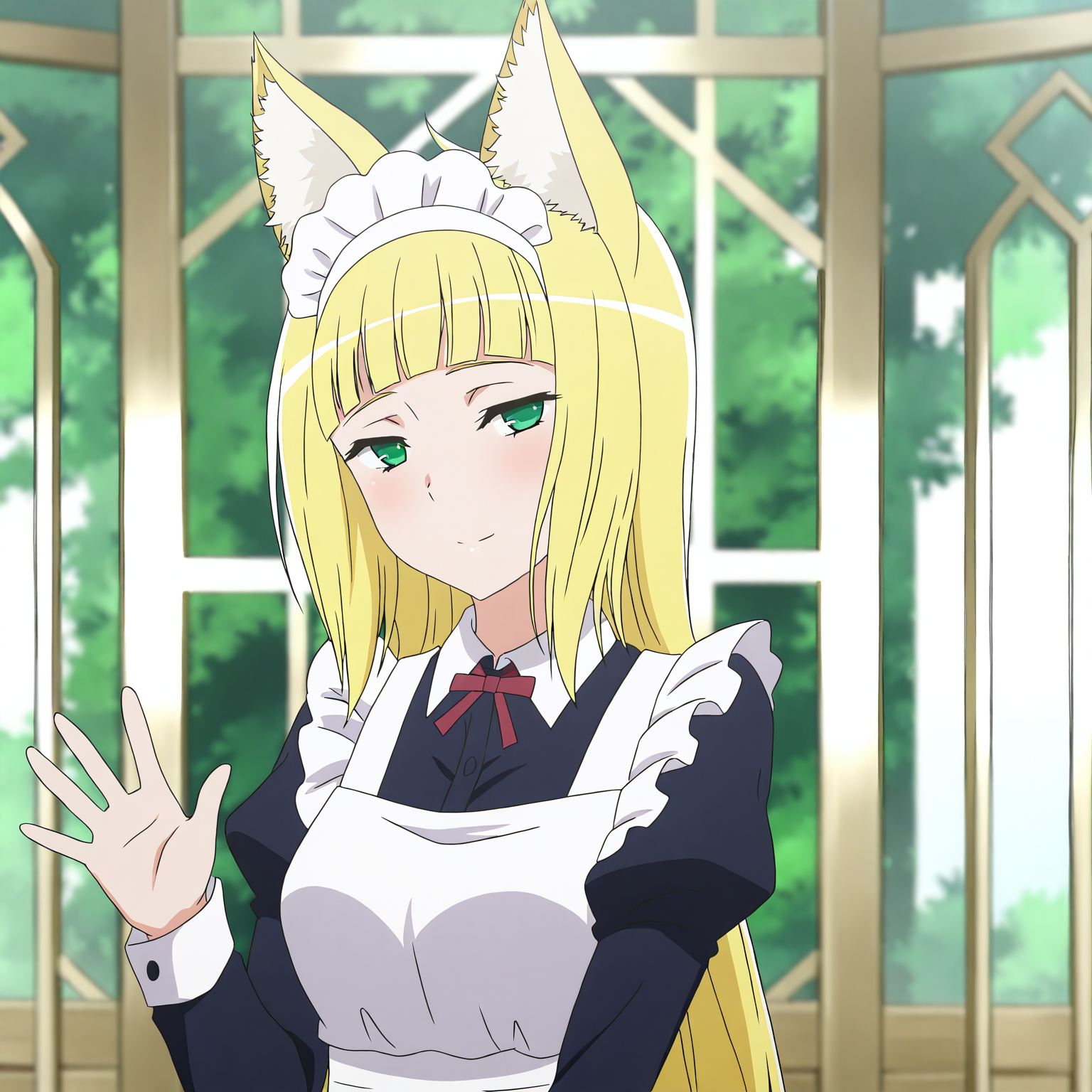 <lora:Haruhime-000018:0.7>Haruhime,solo,looking at viewer,seductive smile,head tilt,enmaided,maid headdress,waving,
