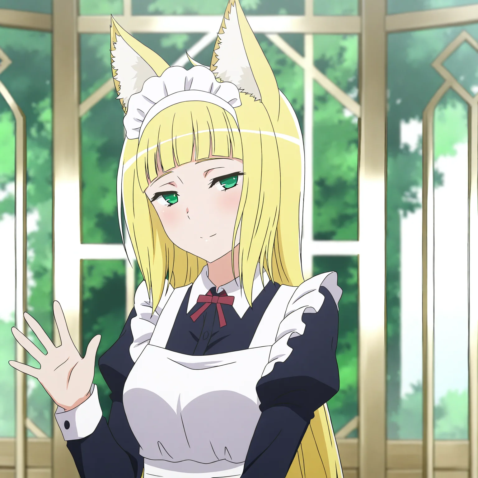 <lora:Haruhime-000018:0.7>Haruhime,solo,looking at viewer,seductive smile,head tilt,enmaided,maid headdress,waving,