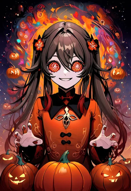 score_9, score_8_up,source_anime,
(scenary:1.2), Dynamic light, looking at viewer, zzPumpkinHouse, occultoculi, Hu_Tao_(Genshin_Impact), smile, @_@ , red eyes, brown hair, long hair, twintails, symbol-shaped pupils, scary pumpkin costume, ruffles, standing, upper body, claw hands, nails Black | Orange ,, Halloween background, pumpkins, Pumpkin Lights,,