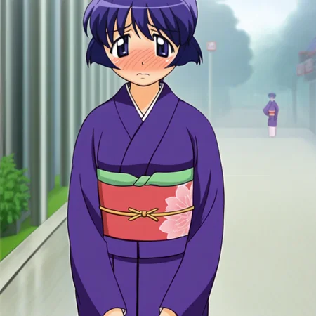 score_9, solo, sakurabi_aoi, short_hair, purple hair, kimono, obi, blush, shy, outdoors,