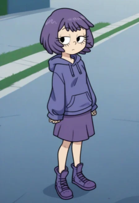 Sh4ri_WYSD, 1 girl, solo, short hair, purple hair, long eyelashes, purple hoodie, purple skirt, purple shoes,