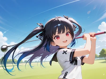 <lora:IL_kooh:0.8>,pgy_ko,kooh/(pangya/),red eyes,gradient hair,blue hair,two side up,serafuku,upper body,<lora:IL_golf:1>,1girl,solo,gf_pl,standing,swinging,golf club,holding golf club,golf course,disheveled hair,floating hair,open smile,, masterpiece,best quality,amazing quality,very aesthetic,absurdres,