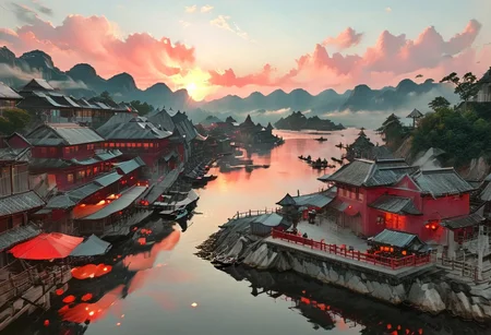 ((score_9, score_8_up, score_7_up, score_6_up)), ((Masterpiece)), (((Ha Long Bay, Halong Bay, inlay myanmar))), high angle, from above, Photorealistic, India Model, detailed, perfect, perfection, dioramas, watercraft, lake, chinese meticulous ink, panorama landscape, dioramas, architecture, ships, wharf, sea, river, pier, chimney, cloud, town, house, water, ((blood-red sunset, large sun, volumetric lighting, god rays)), ((Lake water reflecting red light)), dracula japan village, Japan, enchanted fortress and fortified castle, above the clouds, mystical atmosphere, detailed stone and wood walls, bloody mist swirls around, weibo, drawing, formal, black hair, devil horns, double halo, hunter eyes, holding finger to lips, shush, intimidating retro 90's, red, black, science fiction, a dark sky lit by the glow of distant moons and neon lights. rockpunk, yoji shinkawa, James Jean, Ayami Kojima, village, <lora:EnvyPanoramaXL01:0.5>, Hand, detailed, perfect, perfection, hands, India Model, Beautiful, Photorealistic, chinese meticulous ink, illustration