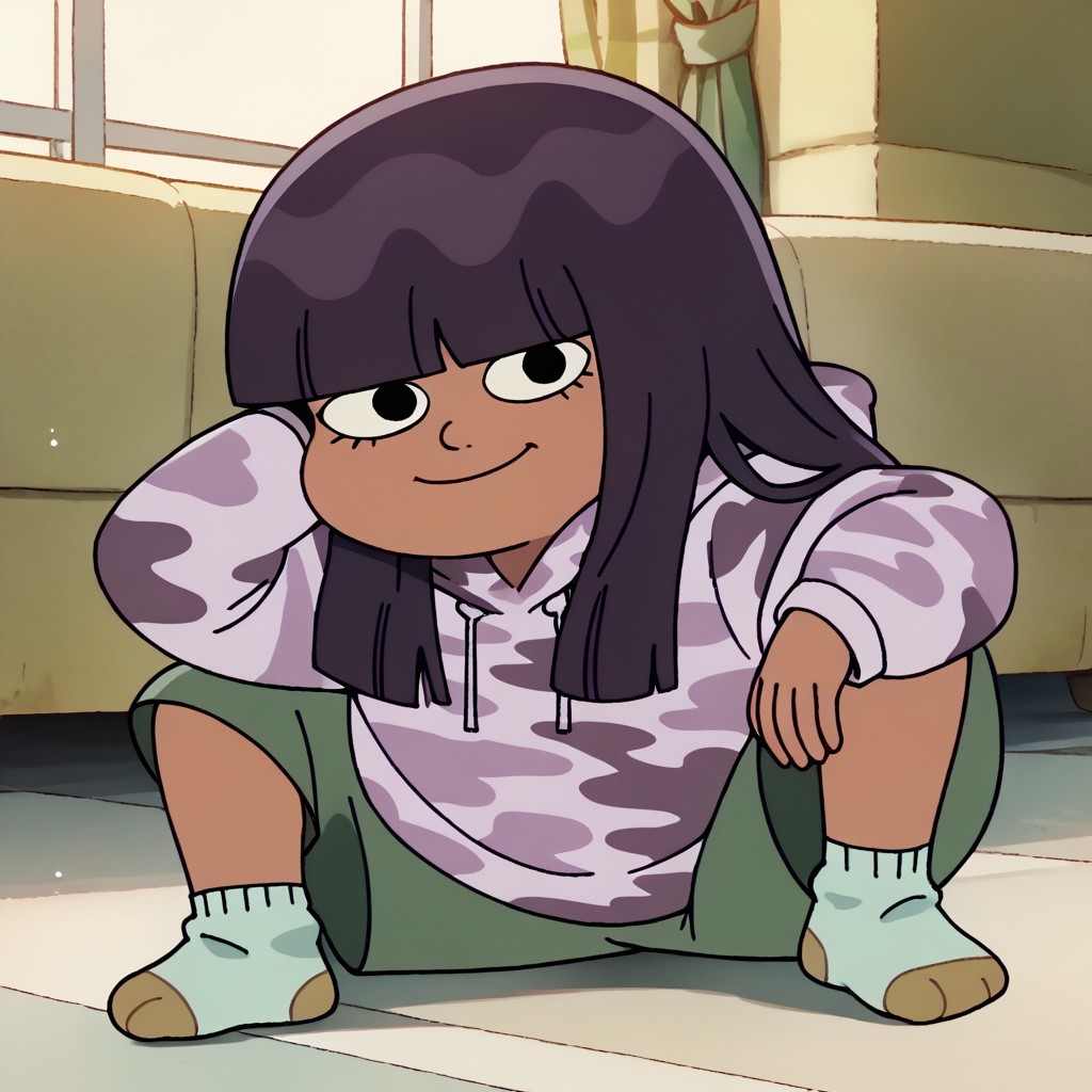 score_9, score_8_up, score_7_up BREAK LotLot, 1girl, shoulder-length dark purple hair, blunt bangs, black eyes, brown skin, light purple camo hoodie, green shorts, light green brown socks, full body, smiling at viewer,