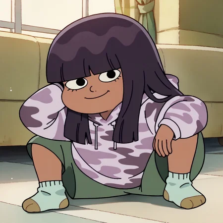 score_9, score_8_up, score_7_up BREAK LotLot, 1girl, shoulder-length dark purple hair, blunt bangs, black eyes, brown skin, light purple camo hoodie, green shorts, light green brown socks, full body, smiling at viewer,