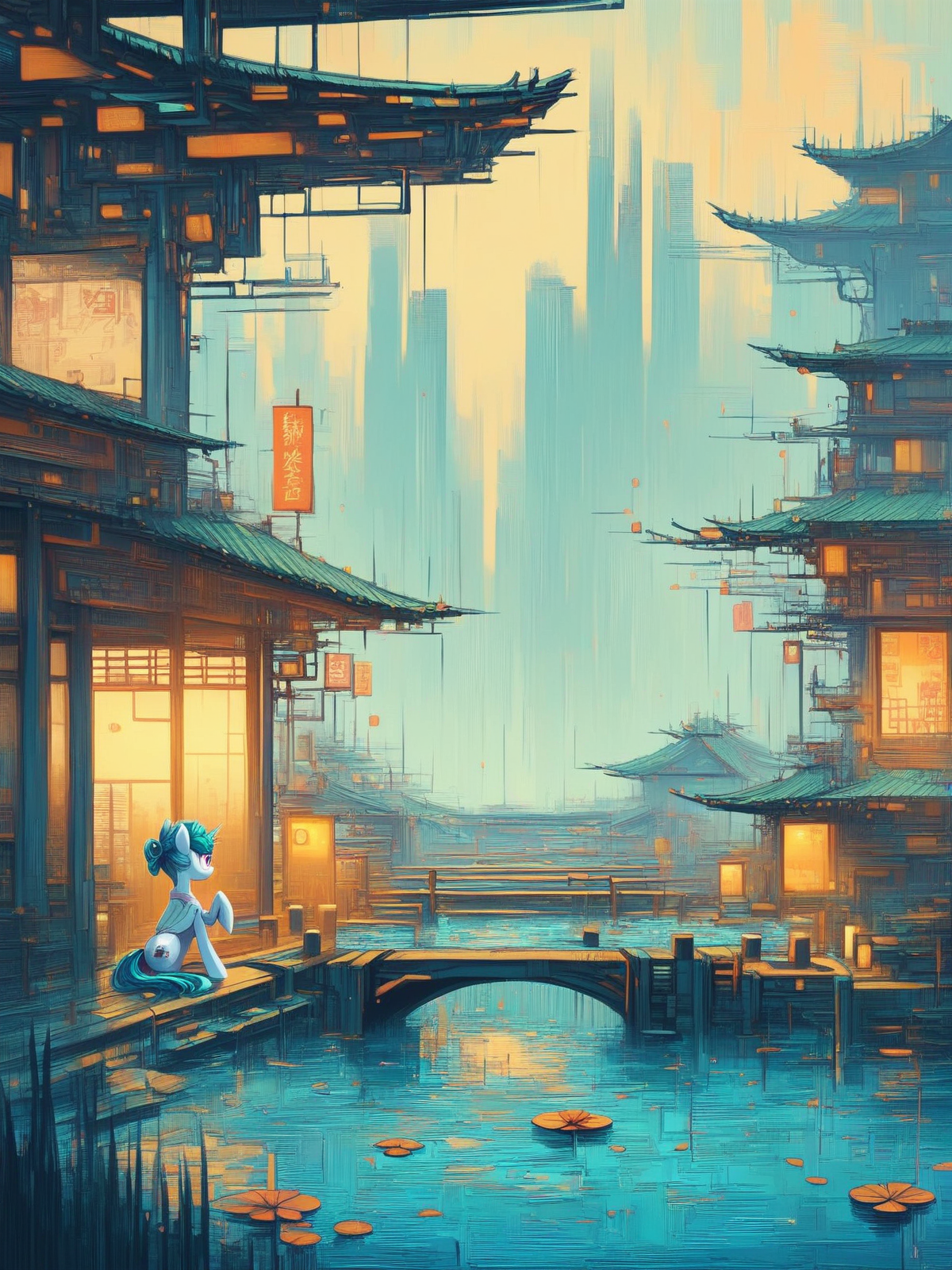 score_9, score_8_up, score_7_up,  pony, water lily and japanese bridge,  cyberpunk <lora:Neon_Cyberpunk_Impressionism_Pony:1>