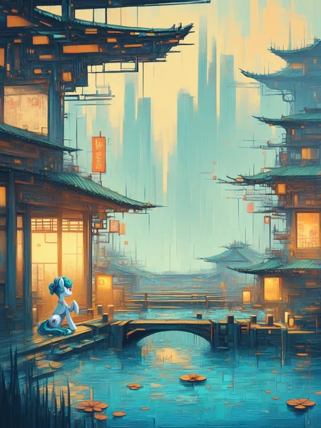 score_9, score_8_up, score_7_up, pony, water lily and japanese bridge, cyberpunk <lora:Neon_Cyberpunk_Impressionism_Pony:1>