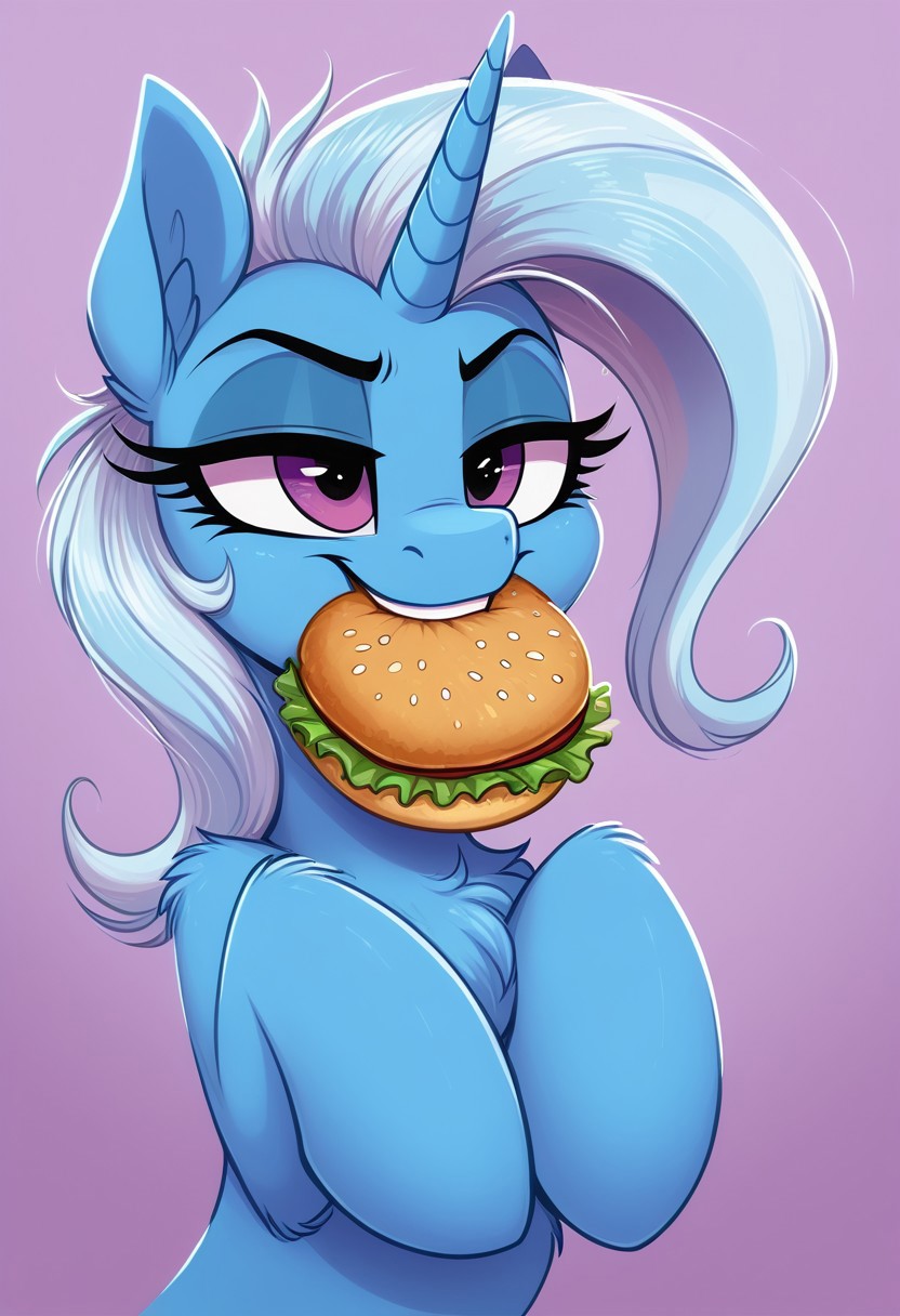 score_9, score_8_up, score_7_up, pony, source_furry, solo, imp4ct_style, MegaFluffyPony, furry, fluffy, Trixie_(mlp), light purple eyes, eating_hamburger, face_focus, hamburger_in_mouth, smug_face, biting_hamburger, holding_with_two_hoofs, 