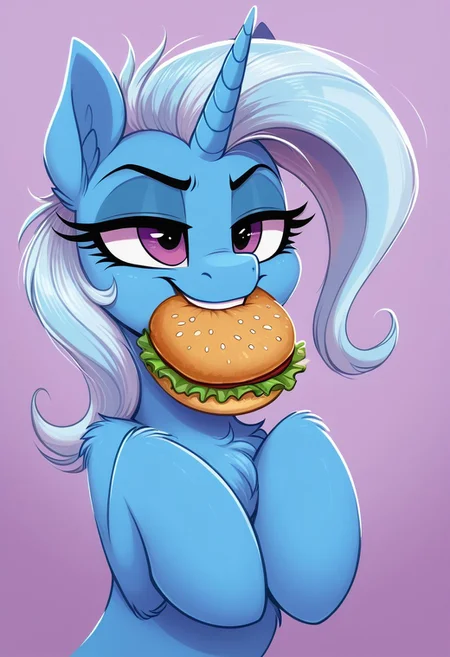 score_9, score_8_up, score_7_up, pony, source_furry, solo, imp4ct_style, MegaFluffyPony, furry, fluffy, Trixie_(mlp), light purple eyes, eating_hamburger, face_focus, hamburger_in_mouth, smug_face, biting_hamburger, holding_with_two_hoofs,
