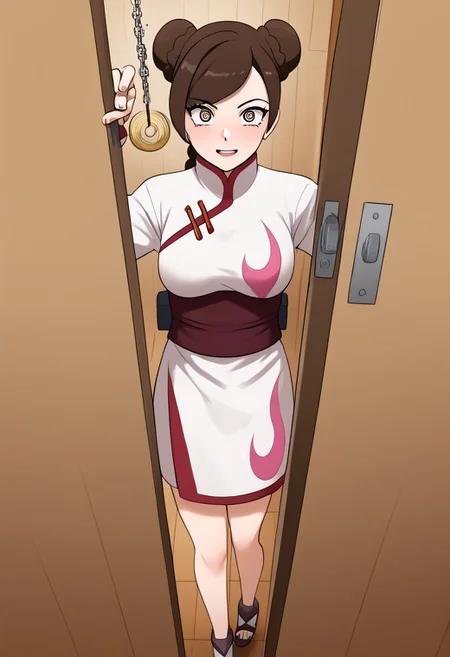 Tenten being hypnotized,
score_9, anime, lewd, 1girl, smooth,
mind control, hypnotized,<lora:pendulum-ponyxl-lora-nochekaiser:1>, holed coin, coin on string, hypnosis, coin, @ @, swinging pendulum, hypnotized expression, looking at pendulum,
((door chain)), peeking out from behind door, (pov holding pendulum),
TentenPTS, hair bun, double bun, brown eyes, swept bangs, braid, chinese costume,