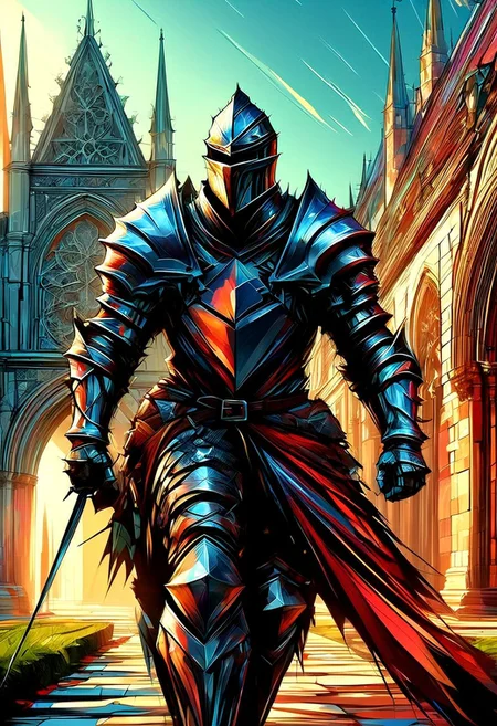 A valiant knight in shining armor stands at the gates of a grand castle. Banner, sword and shield, sunset, stone walls, battlements, dramatic lighting, extreme close-up, portrait.