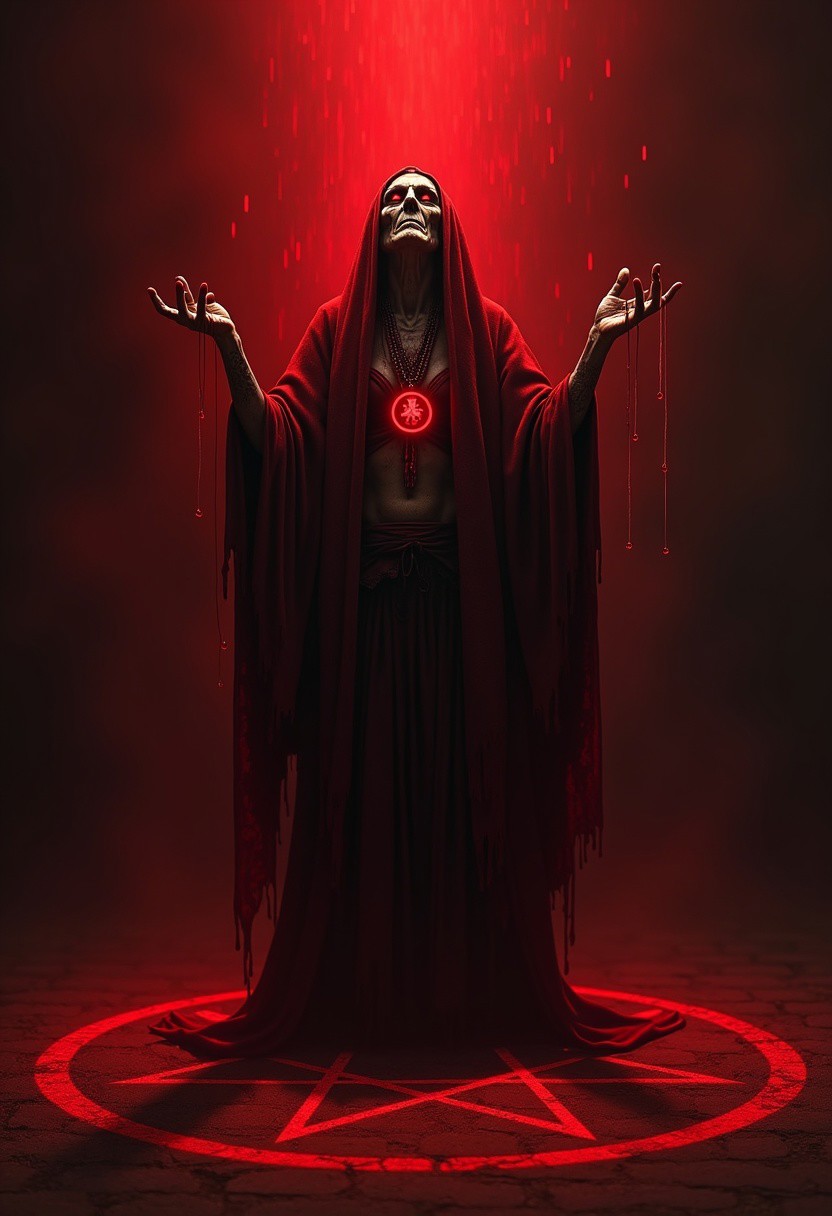 Close-up portrait, a scary ancient tall and skinny witch stands in the dim gradient red light under a shower of glimmering blood droplets, her red eyes, sharp and calculating, pierce through the darkness that surrounds her. She is draped in dark, flowing crimson robes and raising her arms up, whispering incantations as she stands in the center of a pentacle traced on the ground in red chalk. Her skin is adorned with intricate etched dark red patterns and symbols reflecting the terrifying cult of Satan's worshippers. Her hands, aged yet wiry and tense, capable of spell weaving and ruthless action. Her posture is a striking blend of evil and dominance, a living embodiment of Satan's believers' formidable power
The smoky around her is rife with the shapes of demonic creatures, as if the very atmosphere is aware of her power. She is a figure of awe and fear, a true master of the Necromantic ancient arts.