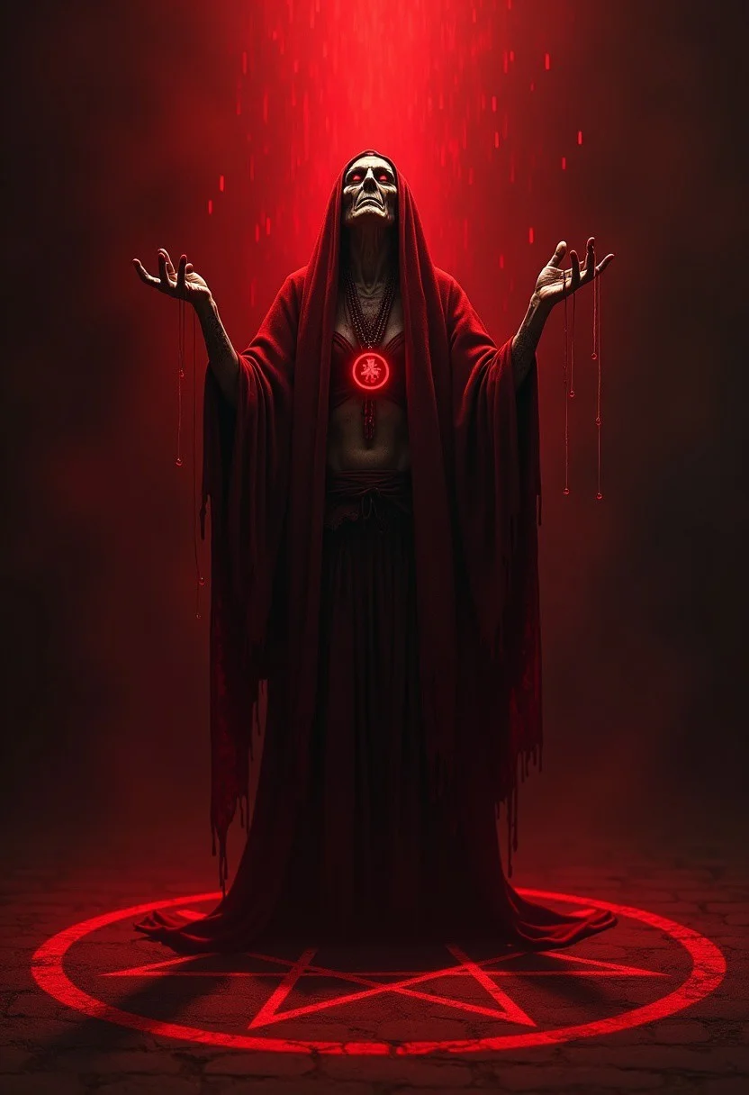 Close-up portrait, a scary ancient tall and skinny witch stands in the dim gradient red light under a shower of glimmering blood droplets, her red eyes, sharp and calculating, pierce through the darkness that surrounds her. She is draped in dark, flowing crimson robes and raising her arms up, whispering incantations as she stands in the center of a pentacle traced on the ground in red chalk. Her skin is adorned with intricate etched dark red patterns and symbols reflecting the terrifying cult of Satan's worshippers. Her hands, aged yet wiry and tense, capable of spell weaving and ruthless action. Her posture is a striking blend of evil and dominance, a living embodiment of Satan's believers' formidable power
The smoky around her is rife with the shapes of demonic creatures, as if the very atmosphere is aware of her power. She is a figure of awe and fear, a true master of the Necromantic ancient arts.