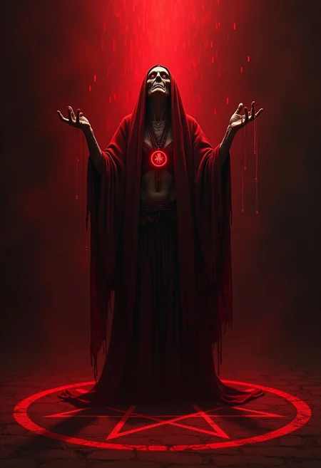 Close-up portrait, a scary ancient tall and skinny witch stands in the dim gradient red light under a shower of glimmering blood droplets, her red eyes, sharp and calculating, pierce through the darkness that surrounds her. She is draped in dark, flowing crimson robes and raising her arms up, whispering incantations as she stands in the center of a pentacle traced on the ground in red chalk. Her skin is adorned with intricate etched dark red patterns and symbols reflecting the terrifying cult of Satan's worshippers. Her hands, aged yet wiry and tense, capable of spell weaving and ruthless action. Her posture is a striking blend of evil and dominance, a living embodiment of Satan's believers' formidable power
The smoky around her is rife with the shapes of demonic creatures, as if the very atmosphere is aware of her power. She is a figure of awe and fear, a true master of the Necromantic ancient arts.