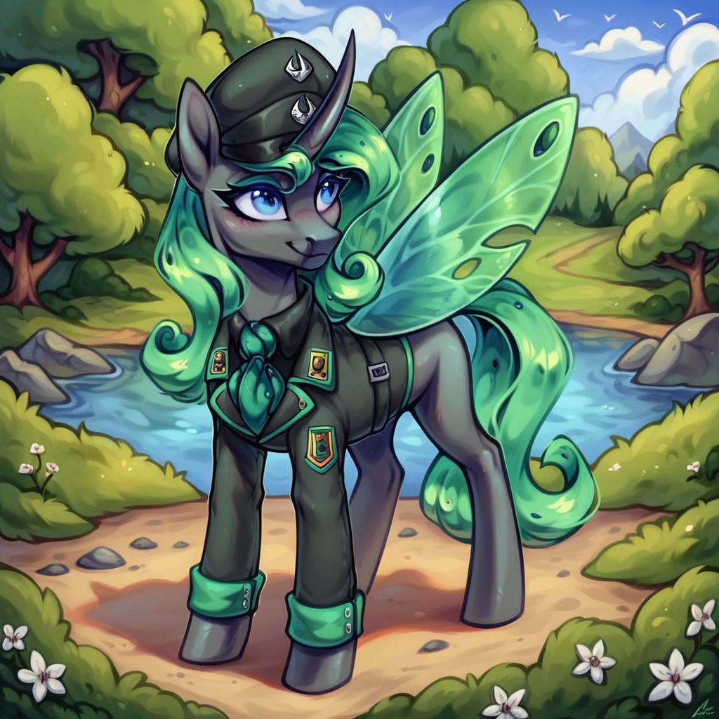 masterpiece, score_9_up, score_8_up, score_7_up, score_6_up, (best quality:1.1), ultra-detailed, high resolution, 1character, Aurantia, changeling queen oc, mlp, feral, black skin, long mint-green mane, (((beautiful detailed dark blue eyes))), long eyelashes, single horn, ears, Insect wings, Predatory smile, smile, military uniform, green necktie, peaked cap, detailed facial features, full body, expressiveh, highly visible, sharp focus, anatomically correct, detailed background, outside, outdoors, spruce forest in the background, river with a rocky outcrop