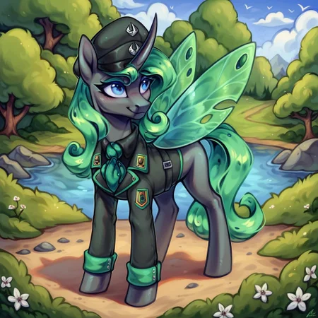 masterpiece, score_9_up, score_8_up, score_7_up, score_6_up, (best quality:1.1), ultra-detailed, high resolution, 1character, Aurantia, changeling queen oc, mlp, feral, black skin, long mint-green mane, (((beautiful detailed dark blue eyes))), long eyelashes, single horn, ears, Insect wings, Predatory smile, smile, military uniform, green necktie, peaked cap, detailed facial features, full body, expressiveh, highly visible, sharp focus, anatomically correct, detailed background, outside, outdoors, spruce forest in the background, river with a rocky outcrop