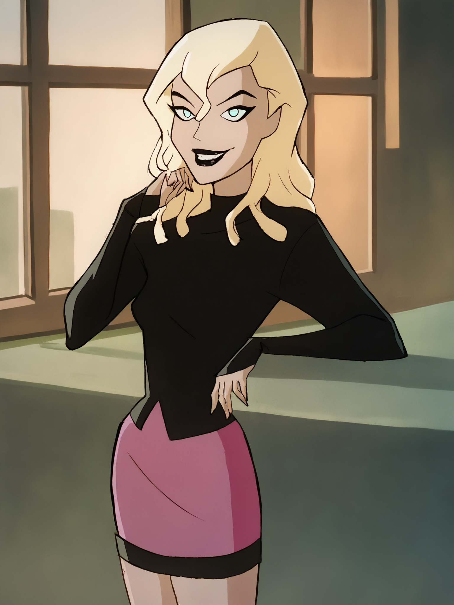 <lora:MelanieWalkerPony1.0:1> melaniew, blonde hair, 1girl, solo, long hair, black lipstick, pink skirt, black shirt, long sleeves,pink skirt,black boots,  upper body,looking at viewer, smile,  score_9, score_8_up, score_7_up, score_6_up, score_5_up, score_4_up