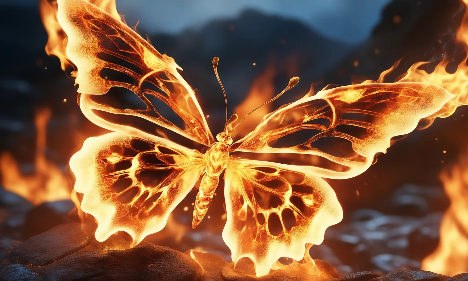 <lora:firecd_xl-000017:0.6>,a transparent fire elemental butterfly made of (firecd_xl,raging flames:1.2,burning) in hell,fire eyes,fire hairs,fire body,splash fire,no humans,long-focus,tilt-shift,outdoors,on molten rock,full body,chinese zodiac,cutie,cute,still life,front view,facing viewer,looking at viewer,ethereal fantasy concept art,magnificent,epic,majestic,magical, emotional,harmonious,high budget,moody,epic,gorgeous,perfect lighting,realistic,photorealistic,photographic,photo (medium),real,moody lighting,volumetric lighting,reality ray tracing,8K,HDR,UHD,masterpiece,best quality,highly detailed,high resolution,finely detail,extremely detailed,ultra detailed,wallpaper