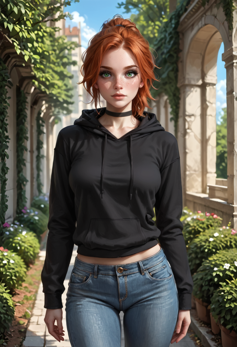 safe_pos, PonyScores7 BREAK [white|Asian], [Susan|Laura|Jane|Nadine], 1girl, 30 year old, fit, woman, short auburn ponytail, freckles, green eyes, black eyeliner, philtrum, beautiful eyelashes, (saggy), medium breasts BREAK walking BREAK relaxed, Expressiveh BREAK black choker, hoodie, jeans BREAK garden, sundown BREAK photorealistic, realistic, portrait, intricate details, detailed face, detailed eyes, realistic skin, detailed hair, natural lighting BREAK CalmFD, Stable_Yogis_PDXL_Positives, <lora:abs slider_last:0.1>, <lora:breasts_size_slider_pdxl_goofy:1>, <lora:Calmlike_V3:1>, <lora:Expressive_H:0.75>, <lora:Super_Multi_Detailer_By_Stable_Yogi_A1:0.8>, <lora:Super_Skin_Detailer_By_Stable_Yogi_PD0_V1:0.8>