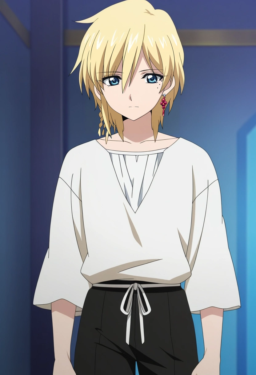 masterpiece, best quality, anime screencap, official style, anime coloring, cowboy shot, 1boy, solo, male focus, <lora:titus_alexius_ilxl:0.96>, titus_alexius, blonde hair, blue eyes, short hair, braid, mole, mole under eye, earrings, ,
