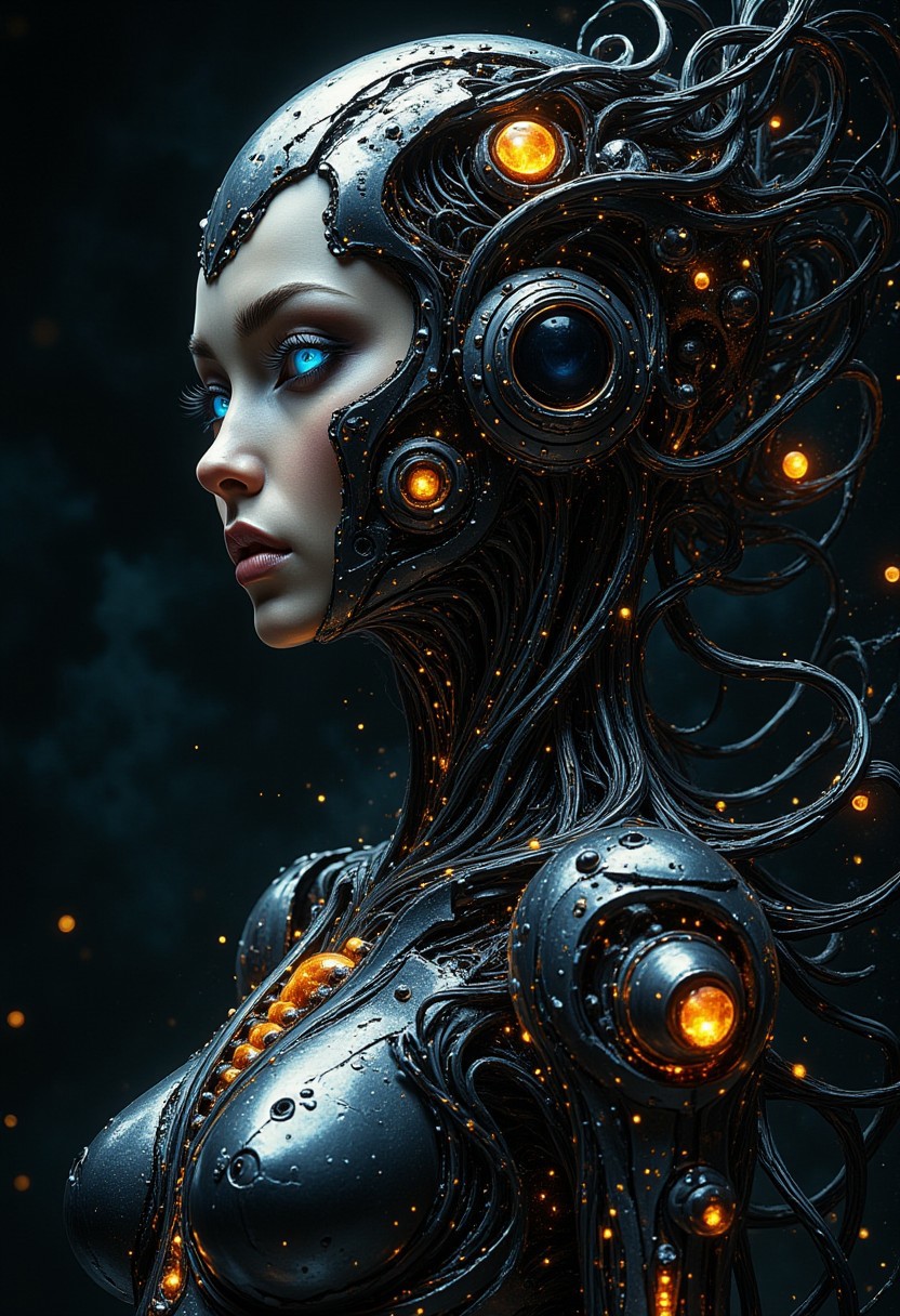 masterpiece, high detail, ArsMJStyle, dnddarkestfantasy, masterpiece, stunning oriental robot woman, made of robot joints, glowing lights and printed circuits, wires and cables, abstract, fractal art. highest definition, HD32K, wallpaper, hyperdetailed, concept art, extreme closeup, side profile