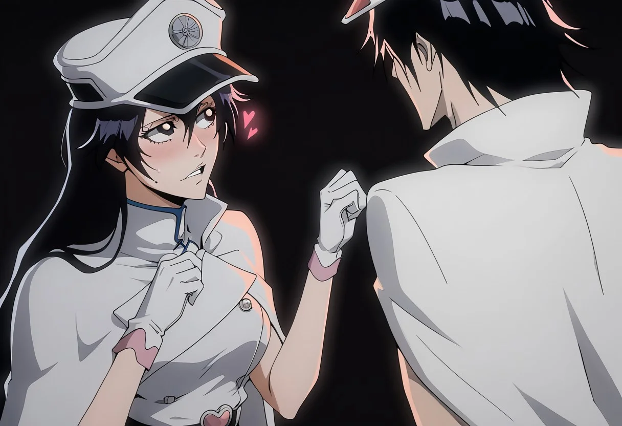sex,<lora:Bambietta_Basterbine_Bleach:1>simple black background,
bambietta_basterbine, 1girl, black hair, long hair, hair between eyes,
white peaked cap, white gloves, white jacket, white skirt, black belt, heart belt buckle, pink clothing accents, white cloak
from front, looking away