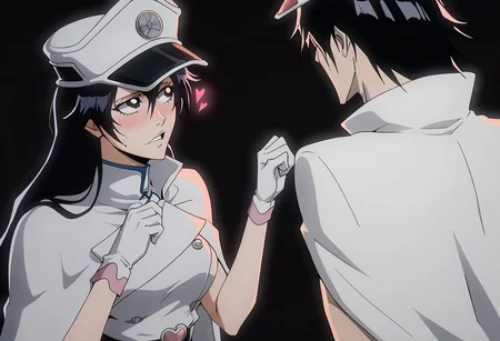 sex,<lora:Bambietta_Basterbine_Bleach:1>simple black background,
bambietta_basterbine, 1girl, black hair, long hair, hair between eyes,
white peaked cap, white gloves, white jacket, white skirt, black belt, heart belt buckle, pink clothing accents, white cloak
from front, looking away