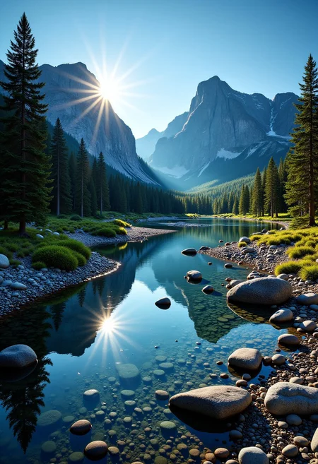 The image is a landscape photograph of a mountain range with a river flowing through it. The river is surrounded by a rocky shoreline with small pebbles and boulders. The water is a deep blue color and reflects the mountains and trees in the water. The mountains in the background are tall and imposing, with a mountain peak in the distance. The sky is clear and blue, and the sun is shining brightly, creating a beautiful reflection of the mountains on the water's surface. The overall mood of the image is peaceful and serene. mad-sprklngtr, flrlizer.