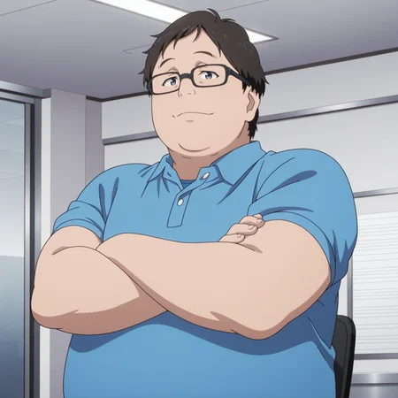 seiichikino, anime screenshot, solo, short sleeves, male focus, masterpiece, absurd res, looking at viewer, light smile, closed mouth, glasses, blue shirt, office, crossed arms, upper body, (chubby:1.1)