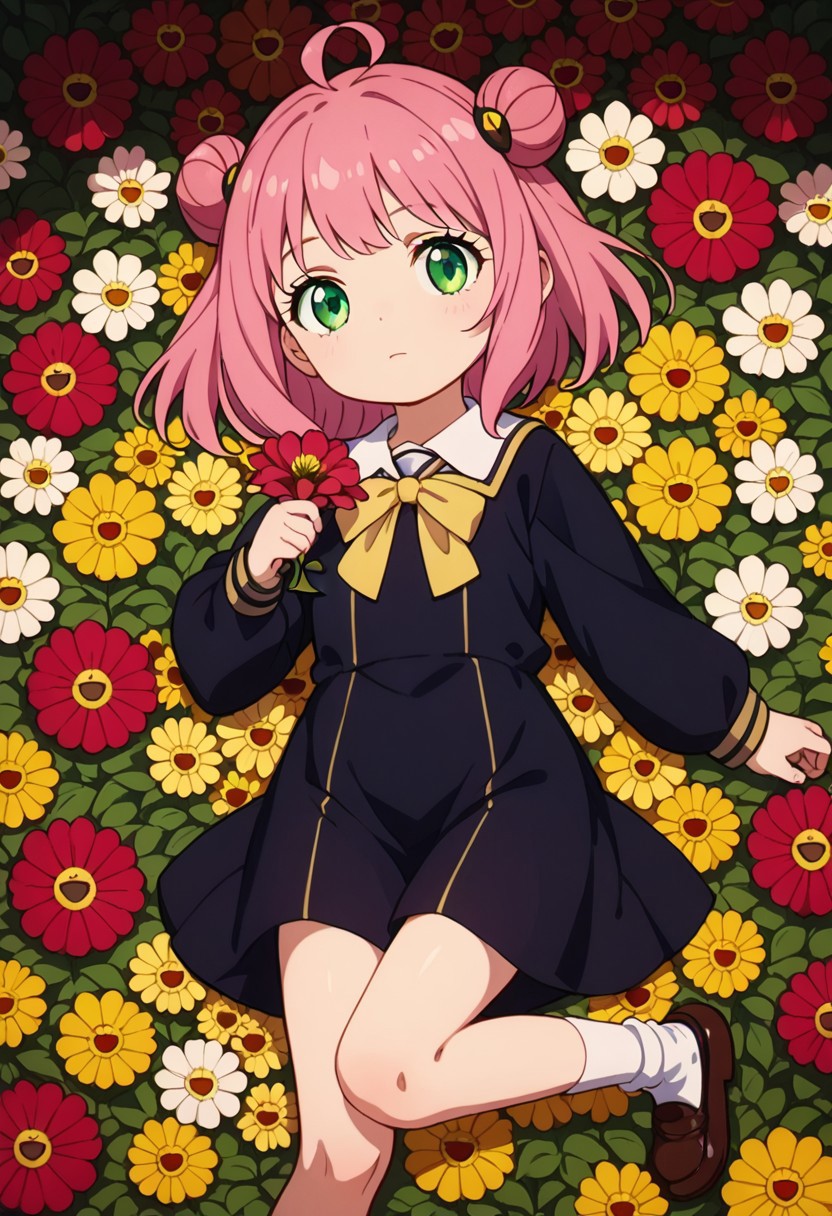 score_9, 
score_8_up, 
score_7_up, 
score_6_up, 
1girl,
solo,
anya forger, anya forger, bangs, green eyes, pink hair, ahoge, hair ornament, hairpods, child, female child,
long sleeves, dress, school uniform, socks, black dress, eden academy school uniform,
lying,
sleeping,
holding flower,
multicolor,
flat color,
no lineart,
flower,
flower background,