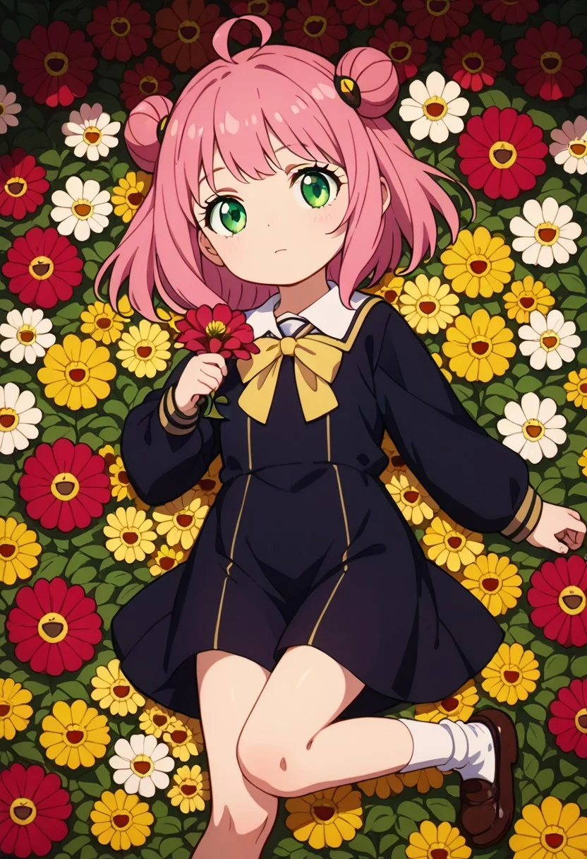 score_9,
score_8_up,
score_7_up,
score_6_up,
1girl,
solo,
anya forger, anya forger, bangs, green eyes, pink hair, ahoge, hair ornament, hairpods, child, female child,
long sleeves, dress, school uniform, socks, black dress, eden academy school uniform,
lying,
sleeping,
holding flower,
multicolor,
flat color,
no lineart,
flower,
flower background,