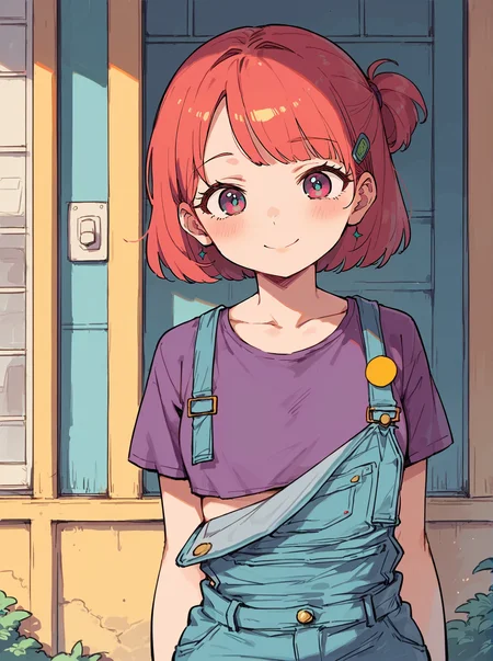 score_8_up, score_7_up, score_6_up, source_anime, 1girl, outdoors
smile,
purple t-shirt, crop top, overalls <lora:Dokkaebi_Casual:1>
