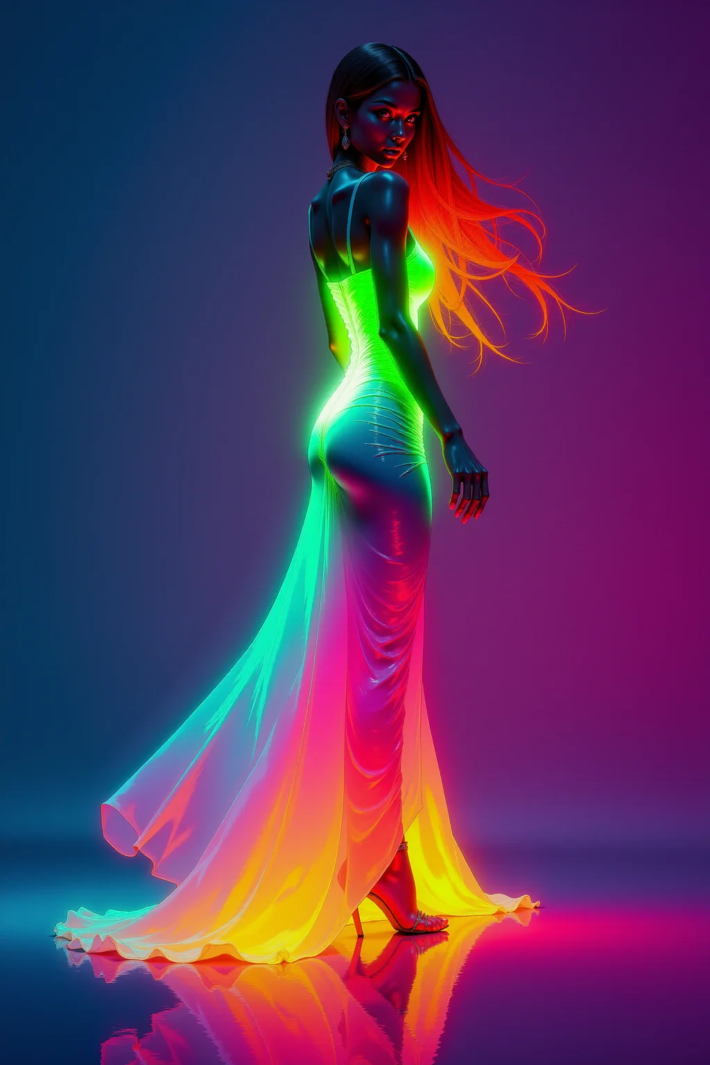 A digital painting featuring a semi-realistic beautiful shapely young Italian female character standing close gracefully in aesthetic pose, her glowing long hair flowing in soft waves as if moved by a gentle breeze. She wears a long sleek flowing dress that appears to glow brightly in shades of flashy orange at the top and hair, day-glo salad-green in the middle and glowing indigo bottom of the hem, creating a vibrant gradient of luminous colors against the very dark gradient background. Very dim lighting, dark environment. The woman stands barefoot, her reflection is clearly visible on the perfectly clean reflective surface below her, which glows faintly the colors of her dress. Her body posture is confident and elegant. The overall neon lighting effect and the soft yet vibrant color transitions create a futuristic and dreamlike atmosphere., dynamic, dramatic, vibrant colors. <lora:DGLO_style_v.6:0.8>