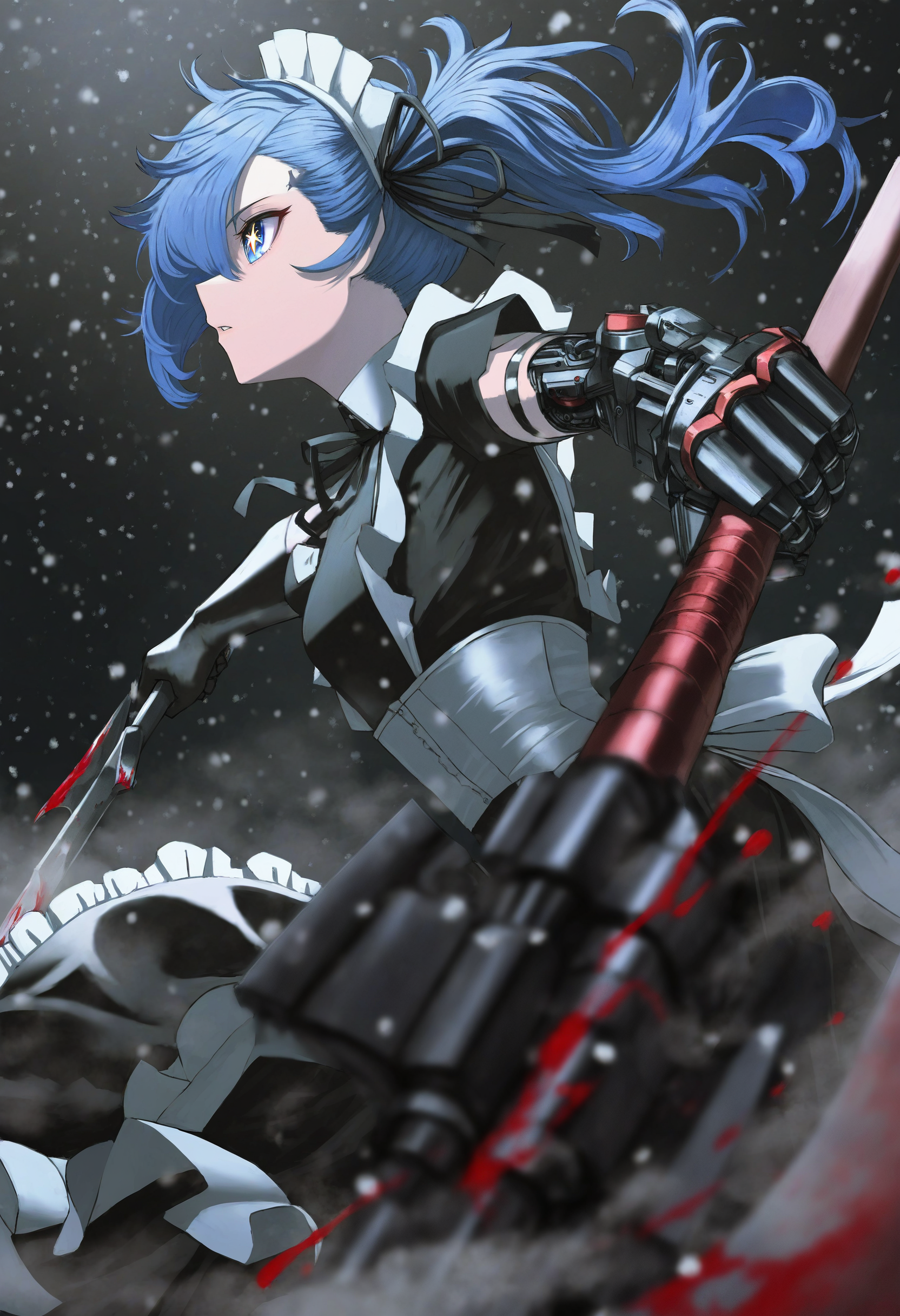mechabare, artist:[vinne|hataya|itou (onsoku tassha)|yoneyama mai|quasarcake|diyokama|sukabu], 
1girl, single mechanical arm, mechanical parts, robot joints, solo, blue hair, long hair, side ponytail, black gloves, mecha musume, star-shaped pupils, frilled dress, profile, black dress, maid headdress, blood, elbow gloves, armor, from side, floating hair, parted lips, black ribbon, short sleeves, holding axe, polearm, looking ahead, dust cloud, depth of field, snowing, foreshortening,
masterpeice, best quality, very aesthetic, absurdres