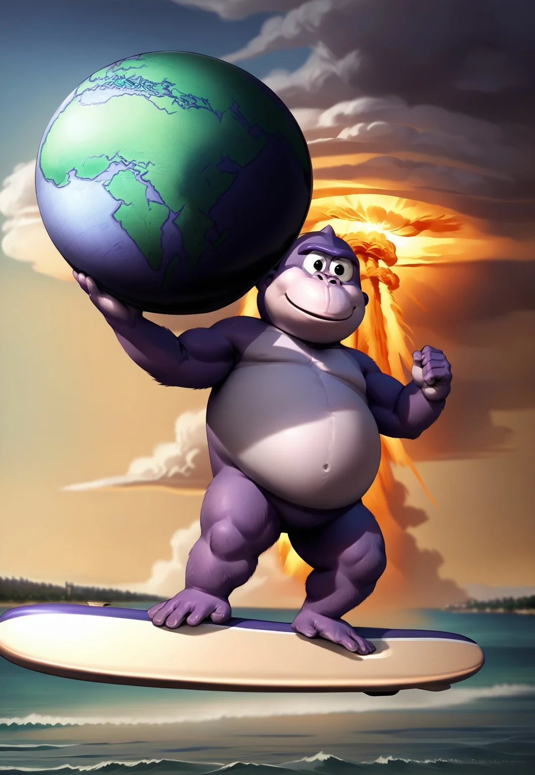 score_9, score_8_up, score_7_up, score_6_up, score_5_up, score_4_up, b0nz1buddy, gorilla, 1boy, solo, standing, surf board, flying, holding globe, Nuclear Explosion in the Background