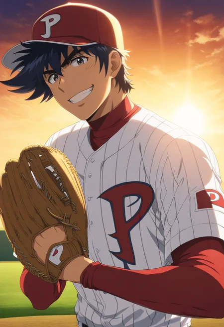 masterpiece,high score,great score,absurdres,goro shigeno,1boy,baseball mitt,male focus,baseball uniform,solo,sportswear,smile,red headwear,baseball,hat,looking at viewer,grin,long sleeves,backlighting,baseball cap,holding,shirt,layered sleeves,all japan team baseball jersey,red shirt,official art,<lora:Goro_Shigeno_V1-1-000012:1>,