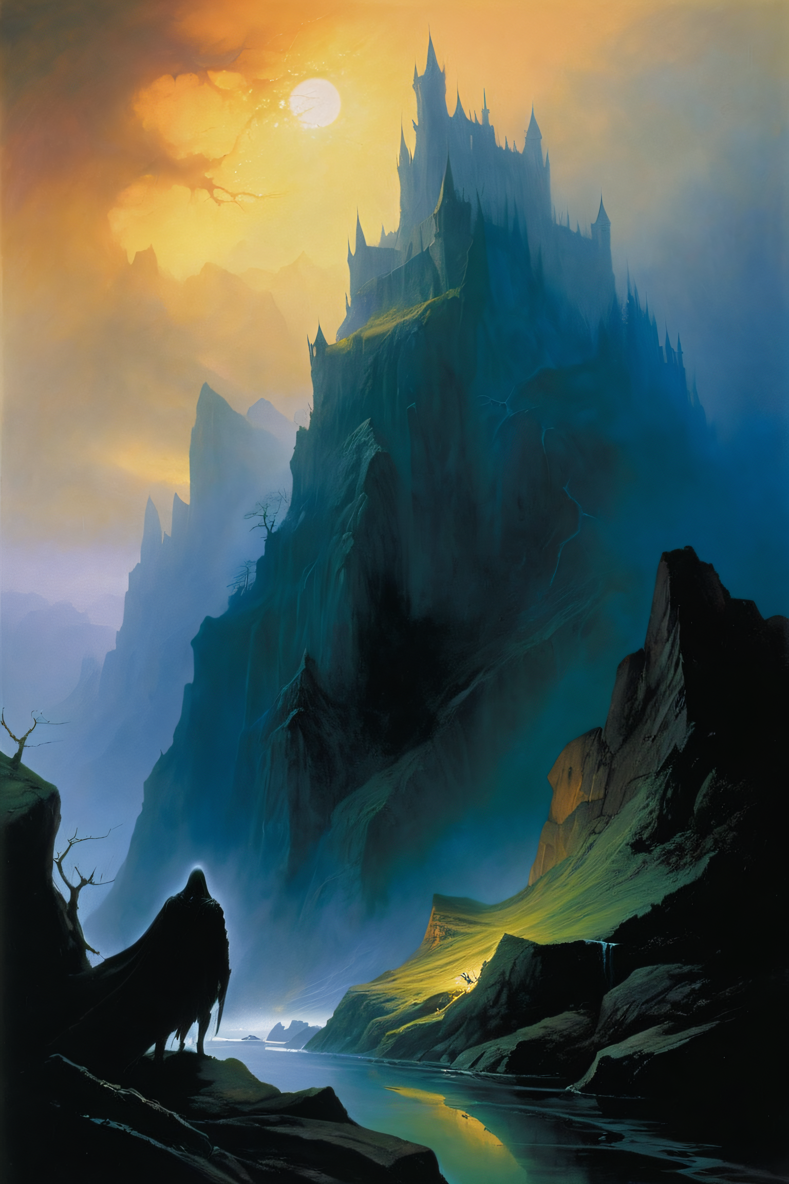 dark fantasy art painting by John Howe, Dark Fantasy, often for horror, gothic themes, or grim landscapes, epic scenery, <lora:add-detail-xl:1>