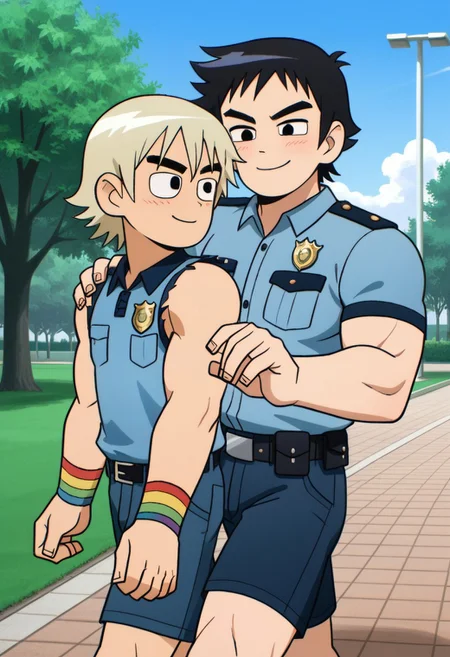 score_9, size difference, age difference, 2 boys , cartoon source, cartoon style, break
Todd, , police uniform, torn uniform, thick eyebrow, black eyebrow, smile, short blonde hair, Big chest, big pecs, musculsr arms, muscular body, strong shoulders, break
Wallace, short hair, black hair, Black eyes, blue shorts, sleeveless shirt, blush, rainbow bracelets,, break
Gay couple, couple of two men, walking together, holding hands, park, countryside, blue sky.