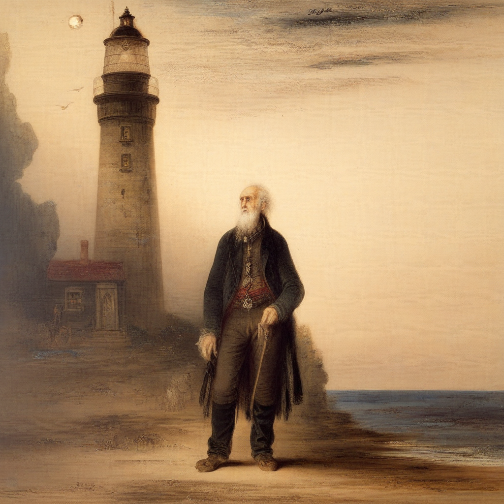 old man near the lighthouse, sentimental, by gustave moreau, painting, symbolism, classic art