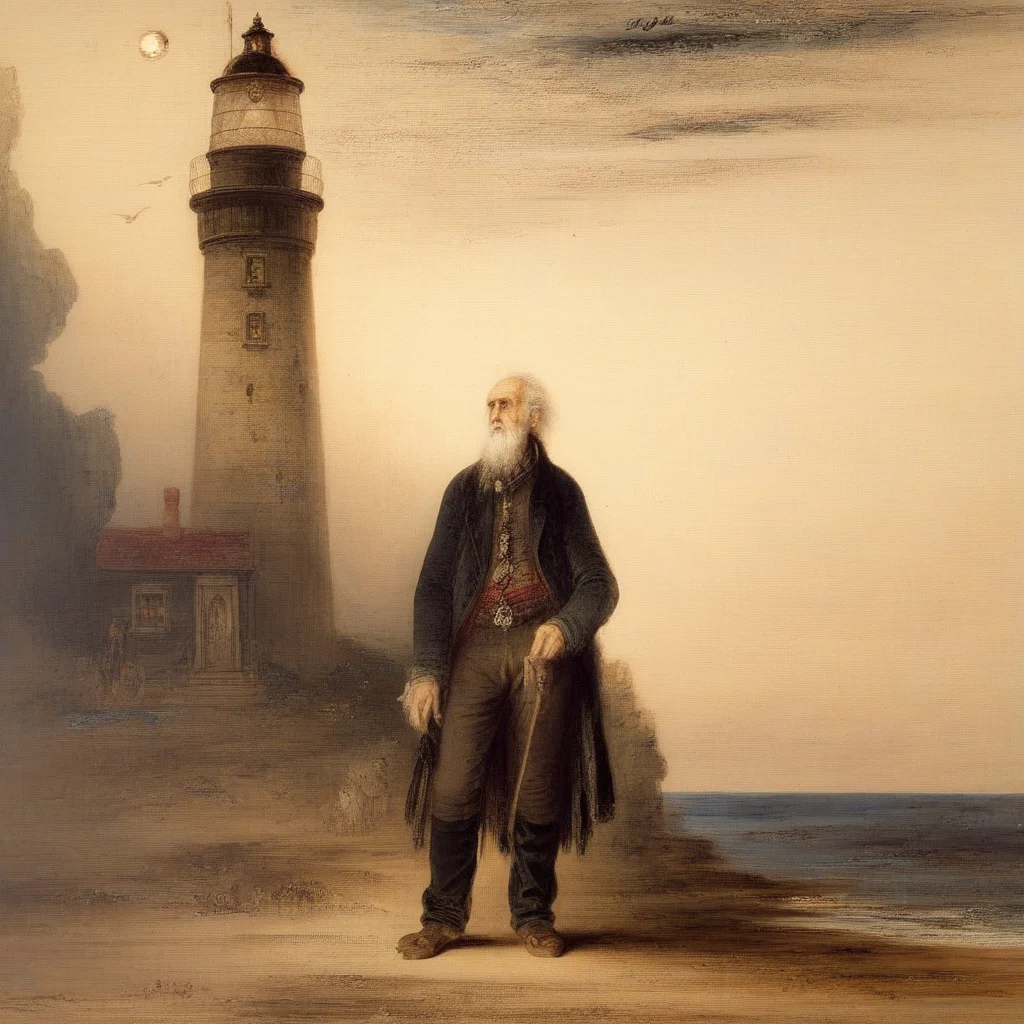 old man near the lighthouse, sentimental, by gustave moreau, painting, symbolism, classic art