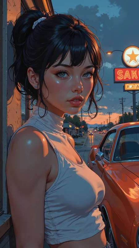 High-resolution semi-realistic anime-style illustration, soft painterly shading, upper body shot of a young woman leaning against the side of a vintage muscle car at a quiet gas station, the polished chrome reflecting the flickering neon lights. Her jet-black hair is styled into a sleek high ponytail with loose side bangs, strands catching the evening breeze as she exhales softly, a confident smirk on her lips. She wears a form-fitting, cropped white shirt without sleeves, the fabric hugging her figure. The gas station sign hums softly, casting warm light on her skin, while the distant highway buzzes under the deep twilight sky. Painterly deep blues, warm oranges, and soft neon highlights, creating a moody, cinematic, and effortlessly cool atmosphere <lora:ILLUSTRATION_(FLUX)_-_V3.1:0.6> <lora:Blue_Future:0.6> <lora:PinkieSoftcoreAnimeFLUX:0.8>