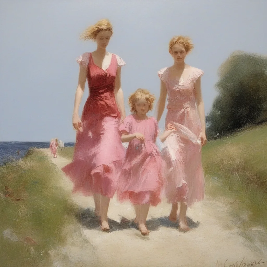 there appears to be a body of water or ocean stretching out to the horizon. The two figures are rendered in an impressionistic style with loose brushstrokes and bold colors. The mother is wearing a pink dress or outfit, flowing red dress and holds the hands of her two daughters, and her golden hair is stylishly upswept. The painting has a dreamlike quality, clad in a flowing white dress, and atmosphere rather than precise detail. The painting conveys a sense of carefree summer days and the simple pleasures of friendship and time spent outdoors in nature's beauty., the image presents a striking and evocative portrayal of the female figure through the lens of impressionistic painting techniques and emotional tenor., sunny day. The painting celebrates the pleasures of summer, walking slightly ahead of his mother on the path. they appear to be out for a leisurely stroll