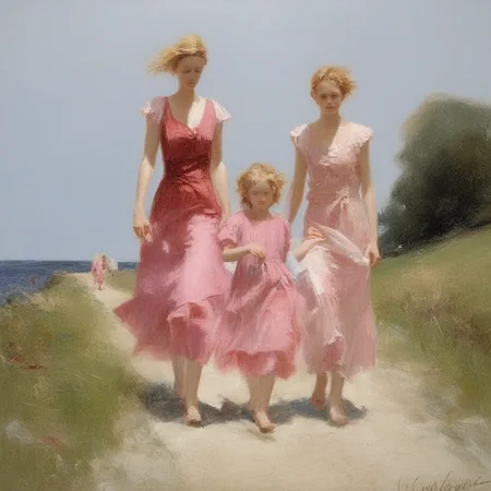 there appears to be a body of water or ocean stretching out to the horizon. The two figures are rendered in an impressionistic style with loose brushstrokes and bold colors. The mother is wearing a pink dress or outfit, flowing red dress and holds the hands of her two daughters, and her golden hair is stylishly upswept. The painting has a dreamlike quality, clad in a flowing white dress, and atmosphere rather than precise detail. The painting conveys a sense of carefree summer days and the simple pleasures of friendship and time spent outdoors in nature's beauty., the image presents a striking and evocative portrayal of the female figure through the lens of impressionistic painting techniques and emotional tenor., sunny day. The painting celebrates the pleasures of summer, walking slightly ahead of his mother on the path. they appear to be out for a leisurely stroll