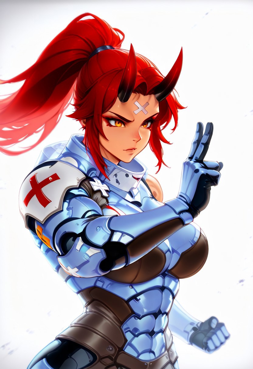klskx, Panoceania, masterpiece, best quality, action shot,  dinamic pose,  battle, 
 amazing quality,  Smooth Quality, hard lighting,
detailed Background, upper body, 
Oni, Reika, Zeriastra, Skybreaker,1girl, solo, adult, tall female, golden eyes, red makeup, red hair, streaked hair, long hair ponytail, ponytail, short hairs, red and black horns, spiky horns, (oni horns, horns on forehead), large round breasts, muscular, (thick thighs:0.6), (determined:0.9), Tremendous atmospheric. extremely powerful, sci-fi, legendary, acion shot, knight. Blue armor, heavy armor., headwear, black tunic with white cross. Victory gesture
