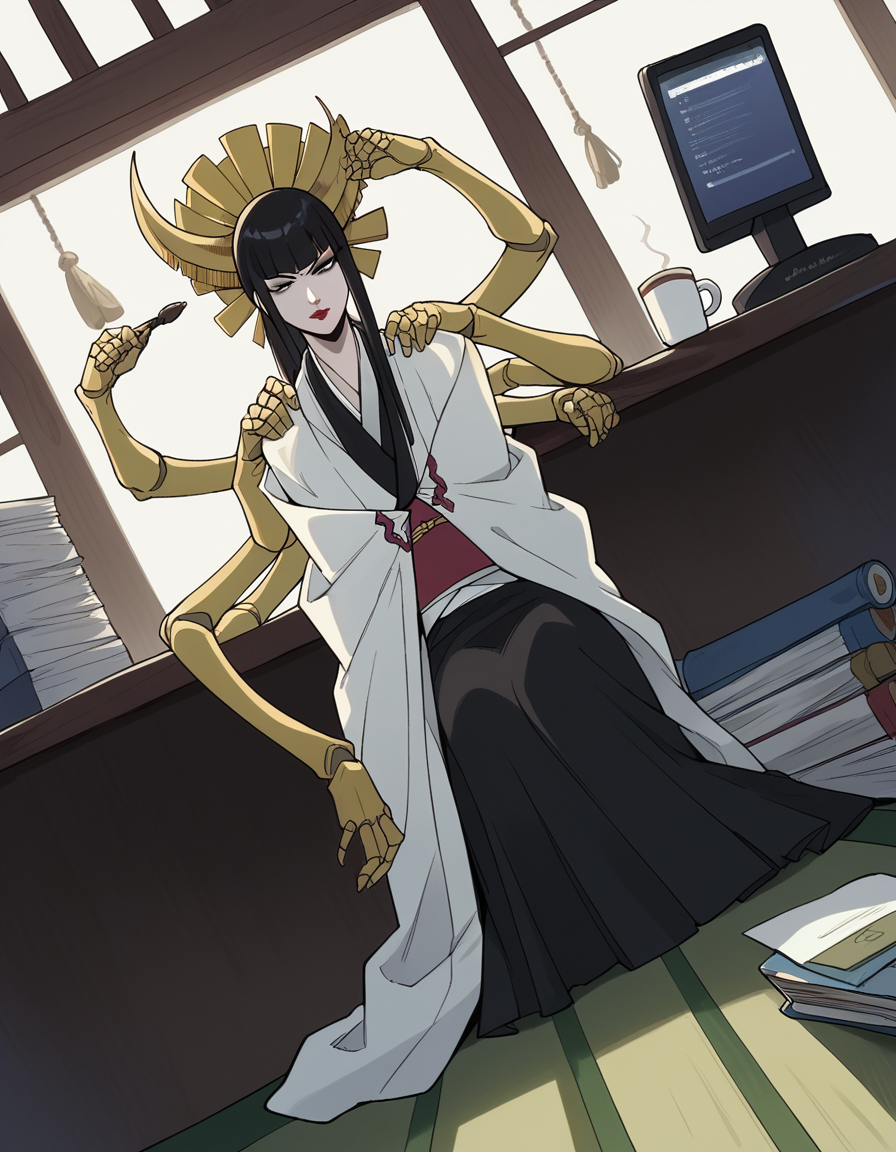 score_9, score_8_up, score_7_up, source_anime, <lora:senjumaru-shutara-anime-ponyxl-lora-nochekaiser:1>, senjumaru shutara, long hair, bangs, blunt bangs, black hair, sidelocks, black eyes, makeup, lipstick, red lipstick,, japanese clothes, kimono, mechanical arms, extra arms,, home office, working from home, computer screen, coffee cup, focus, deadline, , looking at viewer, foot on ground, hand on shoulder, elbow out, solo,, cowboy shot, dutch angle
