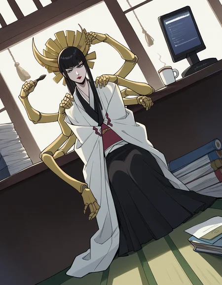 score_9, score_8_up, score_7_up, source_anime, <lora:senjumaru-shutara-anime-ponyxl-lora-nochekaiser:1>, senjumaru shutara, long hair, bangs, blunt bangs, black hair, sidelocks, black eyes, makeup, lipstick, red lipstick,, japanese clothes, kimono, mechanical arms, extra arms,, home office, working from home, computer screen, coffee cup, focus, deadline, , looking at viewer, foot on ground, hand on shoulder, elbow out, solo,, cowboy shot, dutch angle