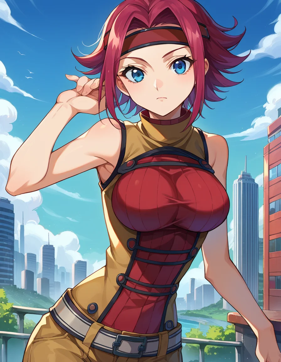 score_9, score_8_up, score_7_up, source_anime,
kallenstadtfeld, <lora:kallen-stadtfeld-ponyxl-lora-nochekaiser:1>,
kallen stadtfeld, blue eyes, headband, red hair, short hair,
bandana, sleeveless, sleeveless turtleneck, turtleneck,
outdoors, cityscape,
looking at viewer, dutch angle, cowboy shot,
