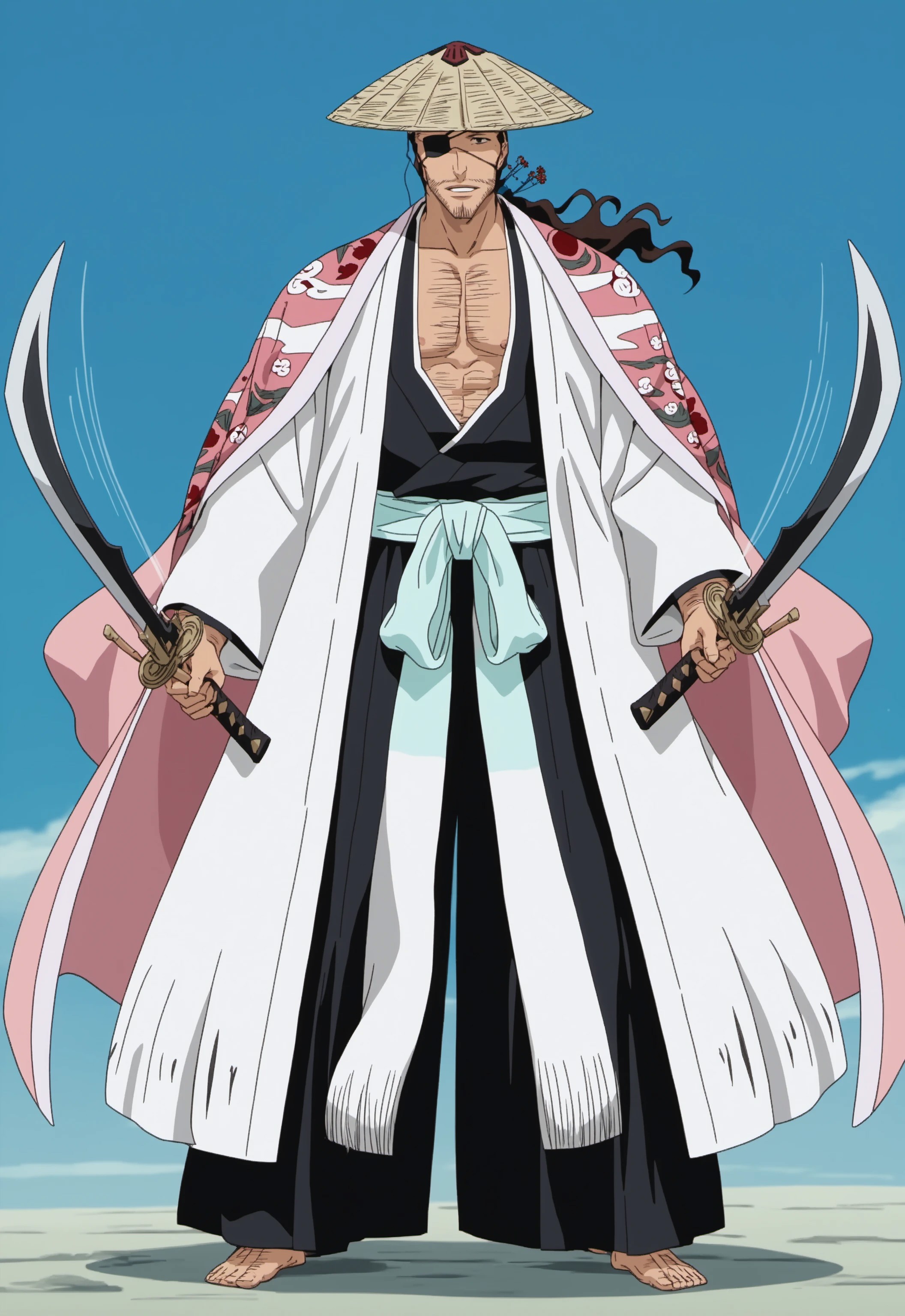 safe_pos, safe_pos, score_9, score_8_up, rating_nsfw, ultra hd, absurdres, best quality, ultra quality, masterpiece, masculine, solo, 1boy, male focus, best anatomy, best eyes, best hands, sexiest man alive, erotic, gay porn, hand with five fingers, mature male, anime screencap

BleachKyoraku, ponytail, facial hair, brown hair, haori, japanese clothes, straw hat, eyepatch, full body, nipples, happy trail, pubic hair, dual wielding, curved swords, wind blowing, wind motion, wind lines, battle scene, Expressiveh