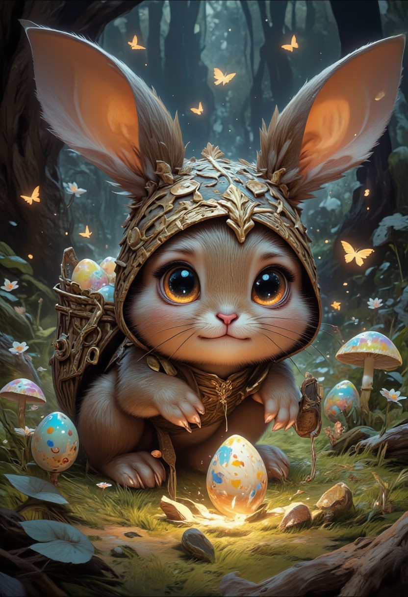 score_9, score_8_up, score_7_up, 8k high quality digital painting, masterpiece, very detailed, ultra realistic, (best quality) very detailed epic masterpiece, boris vallejo style, frank frazetta style, realistic oil painting, retro artstyle, full body, a sweet little Easter bunny looks very sadly into the camera with tear-filled big eyes. In front of him lies a broken colorful Easter egg. On his back he has strapped a basket full of Easter eggs. Fairytale surroundings, lots of grass and flowers, a tree at the side of the picture, mushrooms, butterflies, small animals that look at the Easter bunny pityingly., fairytale-like, realistic detailed oil painting style Rembrandt style, Vermeer style, heroic fantasy, realistic, realism, full body